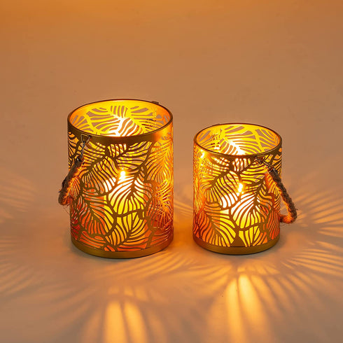 Romadedi Candle Holders Pillar Gold - Set of 2 for Tealight Pillar Candle Deocrative Hanging Lantern for Garden, Wedding Party Home Decor Table Centerpiece Indoor Outdoor