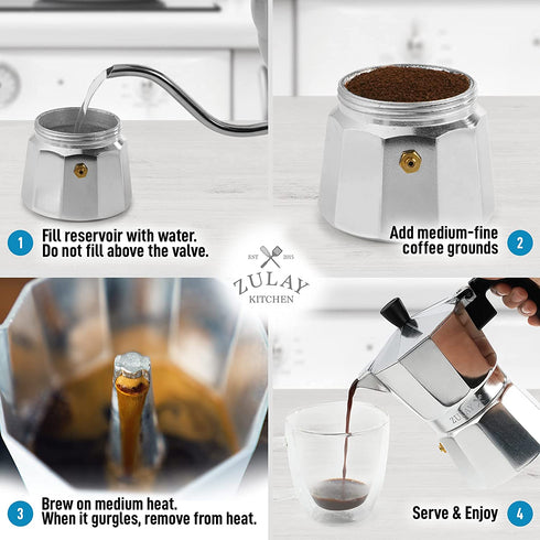 Zulay Classic Stovetop Espresso Maker for Great Flavored Strong Espresso, Classic Italian Style 3 Espresso Cup Moka Pot, Makes Delicious Coffee, Easy to Operate & Quick Cleanup Pot (Silver)