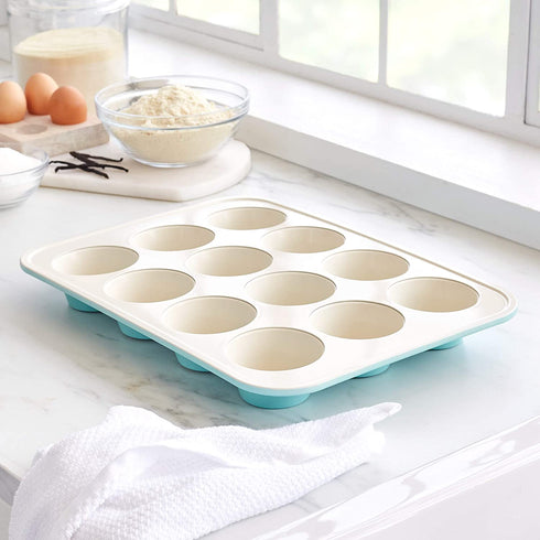 GreenLife Bakeware Healthy Ceramic Nonstick, 12 Cup Muffin and Cupcake Baking Pan, PFAS-Free, Turquoise