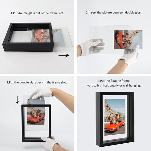 Trwcrt 2 Pack 4x6 Floating Picture Frame, Double Side Tempered Glass Picture Frames?Display up to 6 x 8 photos for Desktop or Wall Hanging, Black