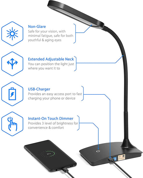 TW Black Desk Lamps for Home Office - Super Bright Small Desk Lamp with USB Charging Port, a Perfect LED Desk Light as Study Lamp, Bedside Reading Lights