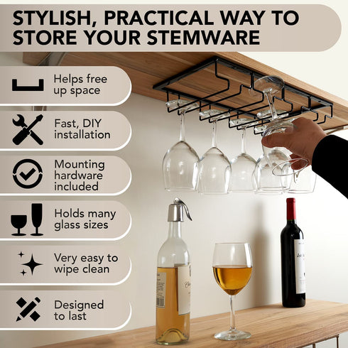 Wine Glass Rack Under Cabinet - 4 Row Iron Stemware Rack With A Steel Wine Stopper - Our Wine Glass Hanger Holds Wine, Brandy, Margarita, Martini Glasses & More - 1 Rack, Black