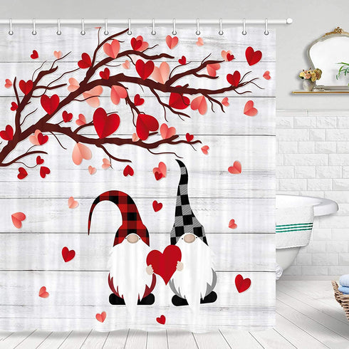 Valentine's Day Shower Curtain, Rustic Farmhouse Romantic Gnome Couple Red Heart Tree Farmhouse Valentine Shower Curtain for Bathroom, Fabric Shower Curtain Hooks Include, 70 in