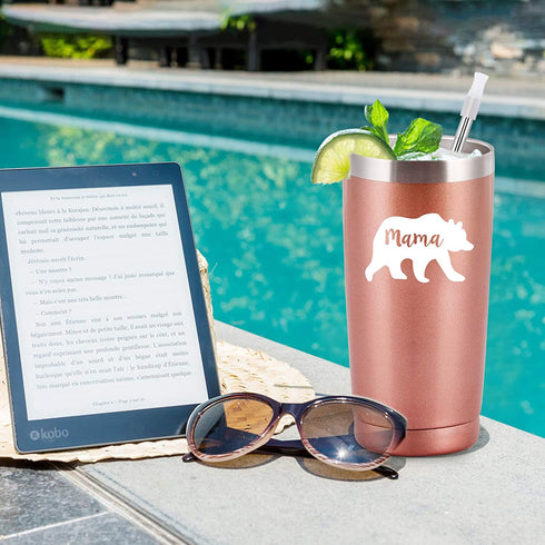 Gingprous Mama Bear Travel Tumbler, Mother's Day Gifts for Best Mom Mother Birthday Christmas Thangksgiving Gifts, Stainless Steel Insulated Travel Tumbler with 2 Lids and Straws, (20 Oz, Rose Gold)