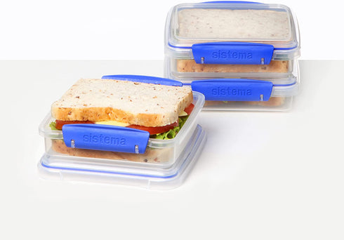 Sistema KLIP IT Collection Sandwich Box 1.9 Cup Compact Food Storage Container, 3 Pack, Clear/Blue, Great for Meal Prep, BPA Free, Reusable
