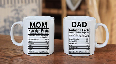 Mom & Dad Nutritional Facts 11oz White Ceramic Funny Couple Coffee Mugs Set For Husband and Wife Him And Her Gifts Mr & Mrs Gift Anniversary Mom and Dad Present Tea Cup - By AW Fashions