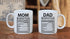 Mom & Dad Nutritional Facts 11oz White Ceramic Funny Couple Coffee Mugs Set For Husband and Wife Him And Her Gifts Mr & Mrs Gift Anniversary Mom and Dad Present Tea Cup - By AW Fashions
