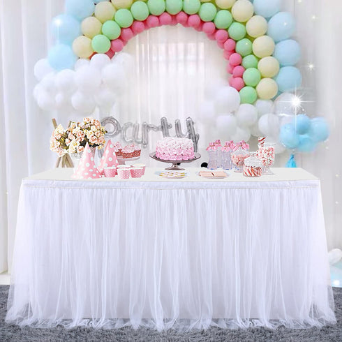 White Table Skirt Baby Shower 6ft Tulle Table Skirting with Gold Brim Round and Rectangle Tutu Table Decoration Table Cloth for Birthday Party,Gender Reveal Wedding(L6(ft), H30in)