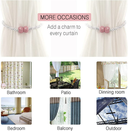 Bling Magnetic Curtain Tiebacks, Decorative Curtain Holdbacks, Crystal Tie Backs for Curtains, Curtain Holders for Window Draperies - 16 inch, Grace, Simplicity & Elegance (Silver, 4)