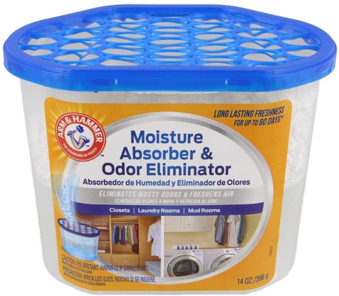 Arm & Hammer Moisture Absorber & Odor Eliminator 14oz Tub, 2 Pack - Eliminates Musty Odors & Freshens Air for Closets, Laundry rooms, Mud Rooms