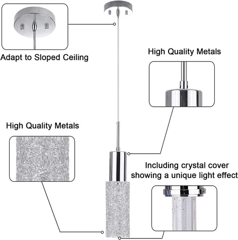 Nordic Modern Crystal Pendant Light Chandelier Indoor Ceiling Metal Hanging Light Fixture Led, Brushed Nickel Mini For Bar/Island Dining Room/Kitchen/Fairway/Bedroom