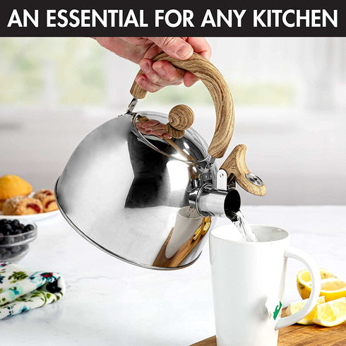 Primula Stewart Whistling Stovetop Tea Kettle Food Grade Stainless Steel, Hot Water Fast to Boil, Cool Touch Folding, 1.5 Qt, Polished Silver with Wood Handle