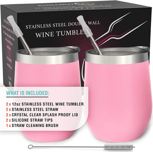 CHILLOUT LIFE Stainless Steel Wine Tumblers 2 Pack 12 oz - Double Wall Vacuum Insulated Wine Cups with Lids and Straws Set for Coffee, Wine, Cocktails (Light Pink)