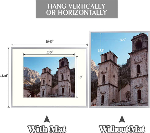 Golden State Art, 12x16 Aluminum Photo Frame with Ivory Mat for 8.5x11 Pictures - Sawtooth Hangers, Spring Clips - Wall Mounting - Real Glass - Metal Frame (Silver, 1-Pack)