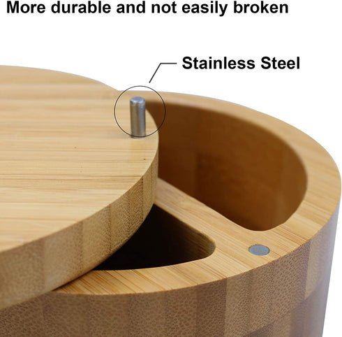 Bamboo Salt and Pepper Bowls by HTB, Divided Salt Cellar With Swivel Lid and Spoon, Seasoning Containers With Magnetic Lid to Keep Dry, Mini Spoon Built Into Top, Great When You May Have Messy Hands