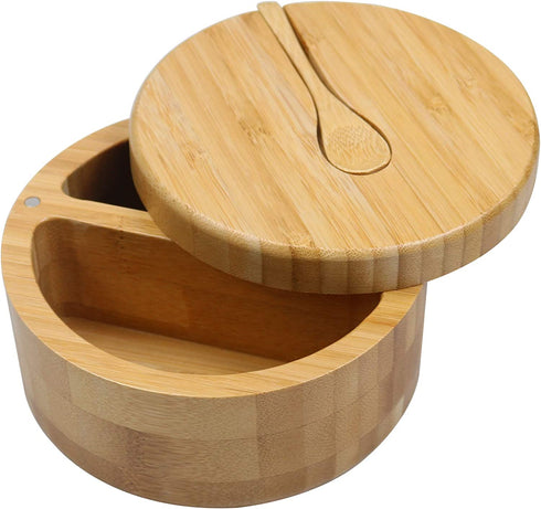 Bamboo Salt and Pepper Bowls by HTB, Divided Salt Cellar With Swivel Lid and Spoon, Seasoning Containers With Magnetic Lid to Keep Dry, Mini Spoon Built Into Top, Great When You May Have Messy Hands