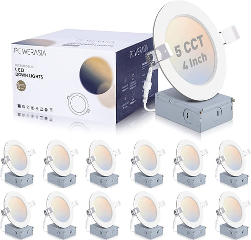 12 Pack 4 Inch Ultra-Thin LED Recessed Ceiling Light with Junction Box, 5CCT Dimmable 2700K/3000K/4000K/5000K/6000K, 9W 700lm Eqv, Can Killer Downlight-ETL and Energy Star Certified
