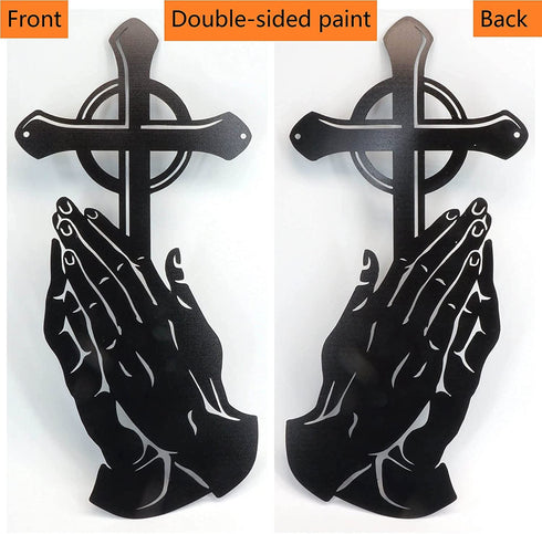 Steel Peaceful Praying Hands with Cross for Prayer - 15"X7" Inch Large Metal Wall Mount Holy Decor and Bibical Hanging Decoration (Black)