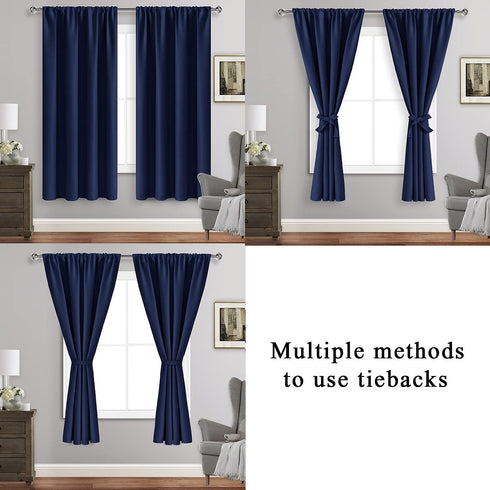 ROSETTE Blackout Curtains for Bedroom - Thermal Insulated Room Darkening Noise Reducing, 42 x 63 Inch Length Curtains for Living Room, Set of 2 Panels with Tiebacks, Navy Blue