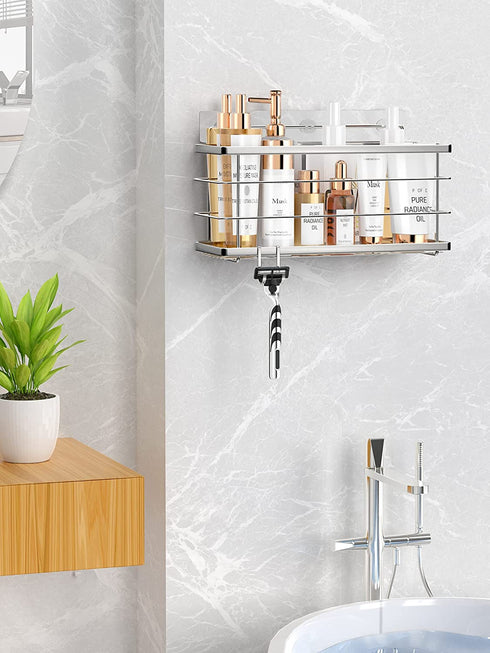 SMARTAKE Deep Shower Caddy, SUS304 Stainless Steel Bathroom Basket, Adhesive Shower Organizer Shelf with Hooks, Rustproof No-Drilling Kitchen Rack, for Toilet, Dorm and Kitchen (Silver)
