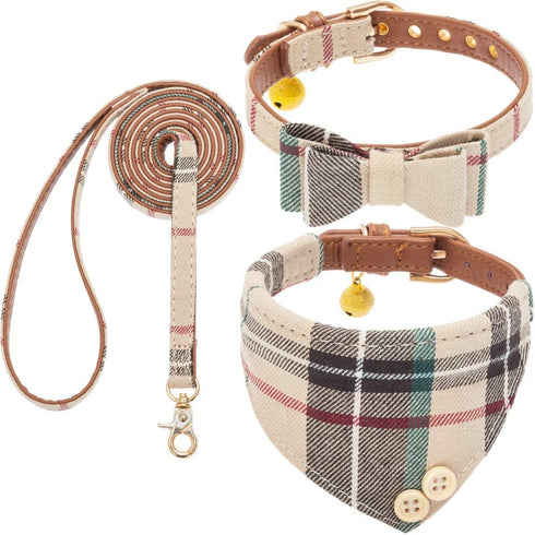 Bow Tie Dog Collar and Leash Set for Small Dogs - Puppy Leash Collars Classic Beige Plaid - Adjustable Size with Golden Bell - Perfect for Small Breeds Boys