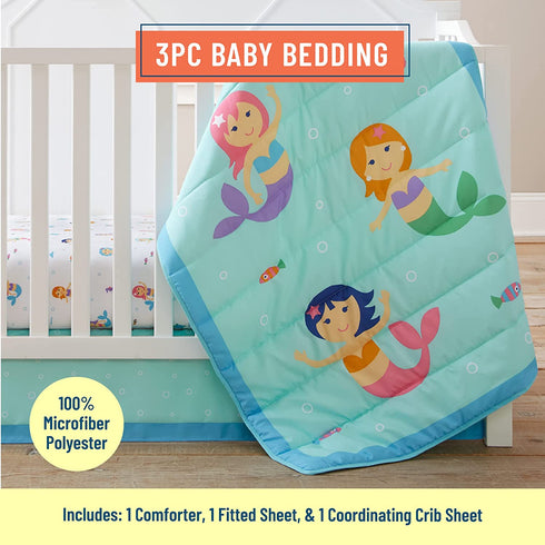 Wildkin 100% Microfiber 3 Pc Crib Bed In A Bag for Toddler Boys and Girls, Bedding Set Includes Printed Comforter, Fitted Bottom Sheet and Coordinating Crib Skirt, Olive Kids (Mermaids)