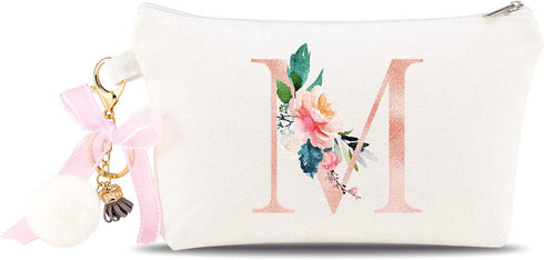 PARBEE Floral Initial Canvas Makeup Bag Zipper Cosmetic Pouch with Keychain, Monogrammed Gift for Girls Women Mom Teacher Birthday Valentine's Day Mother's Day Bridal Shower