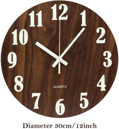 Topkey 12 Inch Luminous Wall Clock Silent Wooden Design Night Lights Round Wall Clock for Living Room and Bedroom (Battery Not Included) - Brown