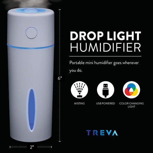 Treva Portable Mini Humidifier 150 ml Capacity, Cool Mist Ultrasonic Humidifier with Colored Light, USB Powered, Whisper Quiet with 2 Misting Modes