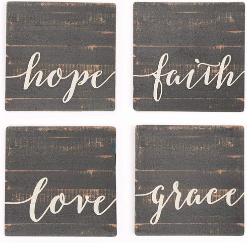 Love Faith Grace Hope Distressed Wood Look 4 x 4 Absorbent Ceramic Coasters Set of 4