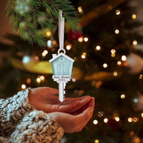 New Home Key Ornament 2021, New House Chrismas Keepsake Gifts Decoration, New House Move in Key- with Gold Ribbon (Blue)