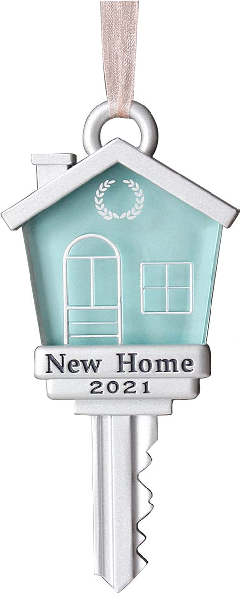 New Home Key Ornament 2021, New House Chrismas Keepsake Gifts Decoration, New House Move in Key- with Gold Ribbon (Blue)
