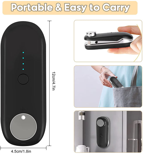 INHDBOX Mini Bag Sealer Rechargeable, Portable Handheld Bag Heat Vacuum Sealer with 3 Adjustable Sealing, Bag Resealer Machine Food Saver for Plastic Chip Bags, Storage Snack Cookies, Black