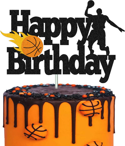 Basketball Cake Topper Happy Birthday Sign Basketball Player Scene Themed for Man Boy Birthday Party Supplies Double Sided Black Sparkle Decorations