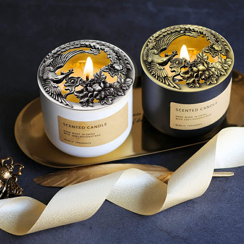 Hion Candle Toppers Scented Candles Cover, Leaf Pine Candle Topper Shade Sleeves for Candle Jars,Candles Gifts for Women Candle Accessories Jar Candle Lid-Help Jar Candles Melt Evenly Phoenix (Golden)