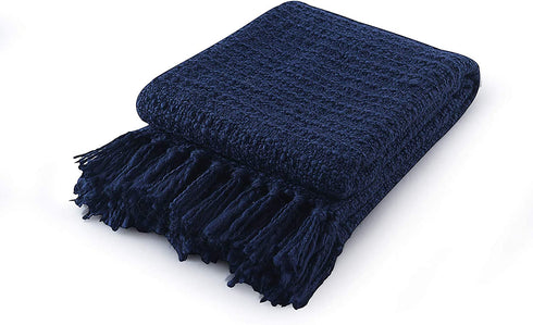 Chunky Knit Throw Blanket, Navy Blue Soft Warm Cozy Bed Throw Blanket with Tassels, Boho Style Textured Knitted Home Decorative Blanket for Couch, Sofa &Bed, 50"x60"