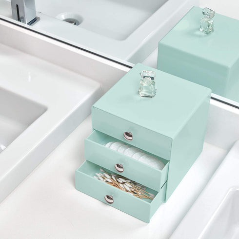 iDesign 3-Drawer Plastic Vanity Organizer, Compact Storage Organization Set for Dental Supplies, Hair Care, Bathroom, Office, Dorm, Desk, Countertop, Office, 6.5" x 6.5" x 6.5", Mint Green