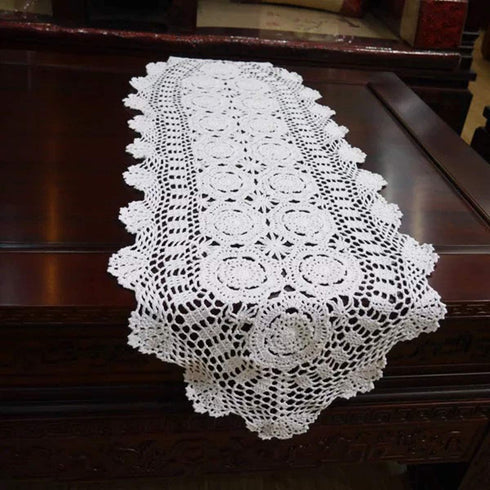 Janef White Handmade Crochet Cotton Table Runner Lace Doilies Doily Oval Dresser Scarves,16 by 35 Inches.