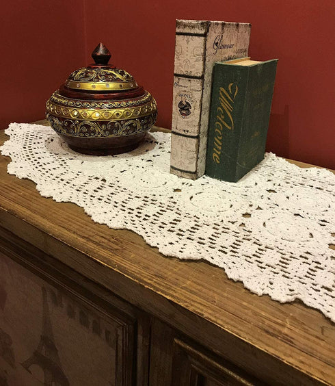Janef White Handmade Crochet Cotton Table Runner Lace Doilies Doily Oval Dresser Scarves,16 by 35 Inches.