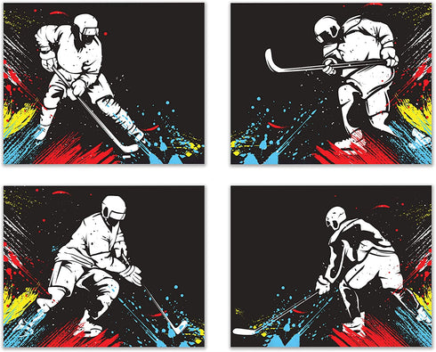 Hockey Vector Wall Art Decor Prints - Set of 4 (8x10) Inch Unframed Poster Photos - Kids Bedroom - Gift