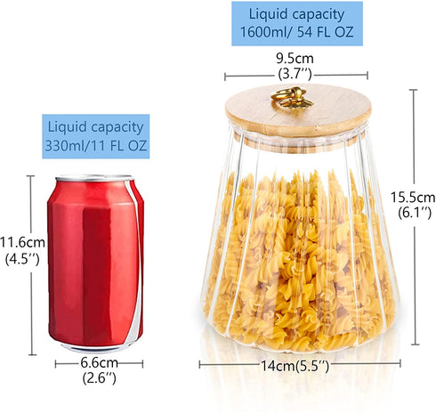 Glass Coffee Nuts Canister Airtight Storage Jar Petal Decorative Container with Bamboo Lid Metal Handle Easy to Grasp 1600ml, 54 FL OZ (Large Conical)