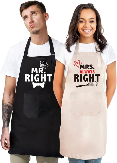 Sweet Couples Aprons,Bridal Shower Gift for His and Hers,Wedding Gifts for Couples,Mr. Right and Mrs. Always Right Aprons,Gifts for Christmas Valentine's Day Engagement Anniversary - 1 Black,1 Beige