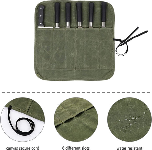 Chef Knife Roll Bag with 6 Slots,Waxed Canvas Knife Carrying Case,Chef Knife Bag,Knife Pouch Can Hold Home Kitchen Knife Tools up to 17 inch,Knife Storage for Travel Camping,BBQ,Culinary School.