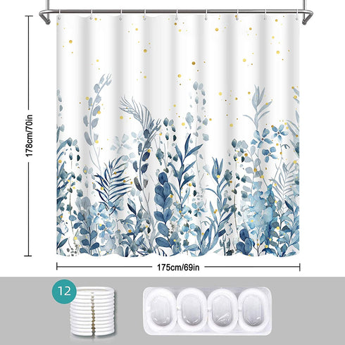 Blue and Grey Shower Curtain, Floral Shower Curtain with 12 Hooks, Teal Plant Shower Curtain, Botanical Nature Leaf Shower Curtain, Waterproof Shower Curtains for Bathroom