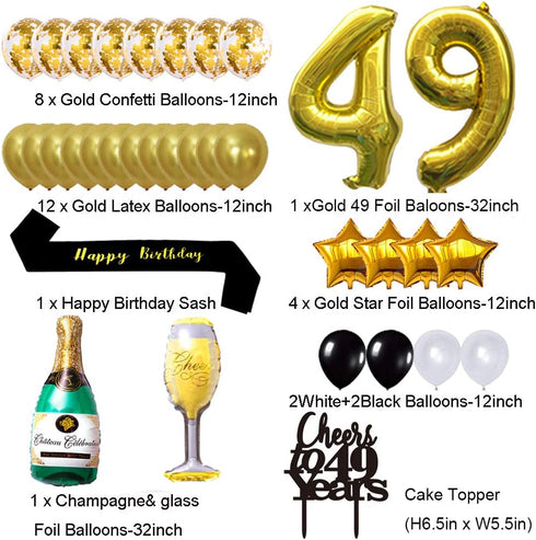 Gold 49th Birthday Decorations Kit, Cheers To 49 Years Banner Balloons 49th Cake Topper Birthday Sash Gold Tinsel Foil Fringe Curtains for 49 Birthday&Anniversary Decorations