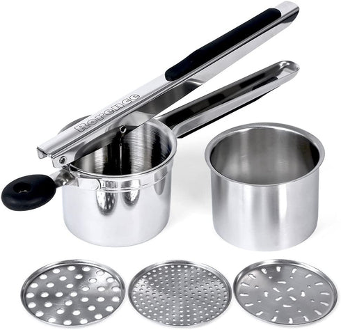 Rorence Stainless Steel Potato Ricer with 3 Interchangeable Discs & Inner Cup & Silicone Grip Handles - Black