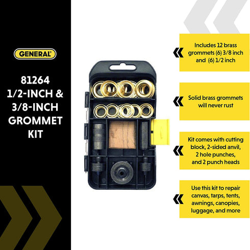 General Tools 3/8"-1/2" Grommet Kit - Rustproof Solid Brass Grommets for Tarp Repair, Reinforcing Canvases, and Fabric Rings