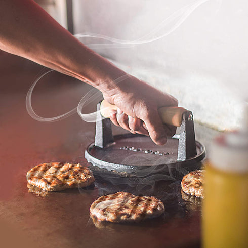 Radicaln Burger Press Round 7 Inches Diameter Heavy Cast Iron Bacon Press with Wooden Handle for Kitchen & Commercial Grade - Pre Seasoned Sandwich & Grill Press - Quesadillas, Hamburgers & Steaks