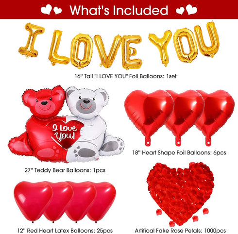 NAIWOXI Valentines Party Supplies - Valentines Day Decorations Set, Red Silk Rose Petals, Paper Fans, Heart Shaped, I Love You and Teddy Bear Balloons, Garland Balloons Kit For Valentines Day Party