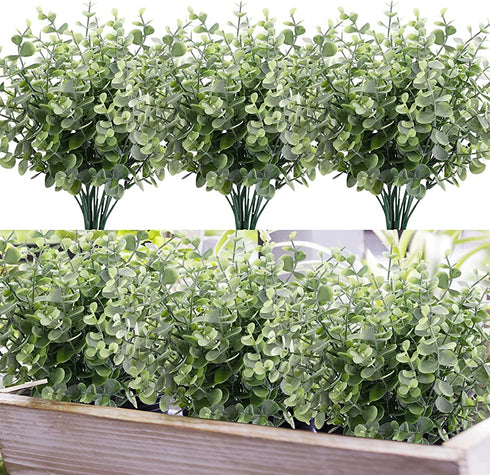 HATOKU 10pcs Artificial Greenery Stems Outdoor Plants, Artificial Plastic Eucalyptus Stems, Fake Greenery for Farmhouse Home Wedding Porch Garden Yard Decor